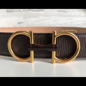 Ferragamo Matte Gold Buckle & Brown Leather Belt